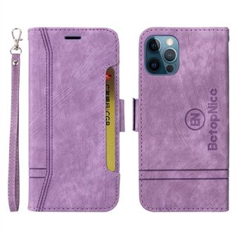 BETOPNICE 001 Voor iPhone 12/12 Pro 6.1 inch Bedrukte Stiksels Lijn PU Leer + TPU Case Wallet Stand Telefoon Cover met Riem