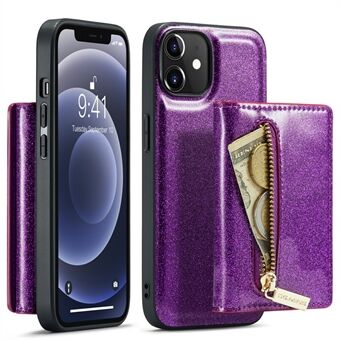 DG.MING M3-serie voor iPhone 12 / 12 Pro 6,1 inch 2-in-1 Glittery PU-leer gecoat PC + TPU Drop Proof Back Case Kickstand Design Magnetisch Afneembare Rits Portemonnee Telefoon Cover