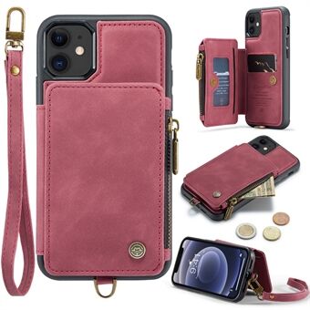 CASEME C20-serie voor iPhone 12 / 12 Pro 6,1 inch RFID-blokkerende handtas standaard telefoonhoes PU-leer gecoate TPU-portemonnee met rits en riem