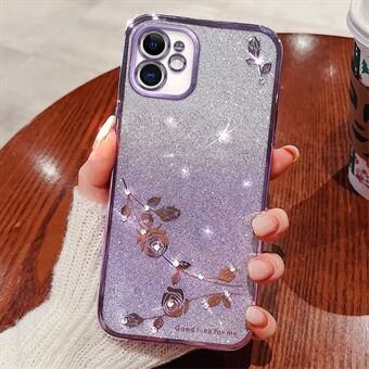 Gradient Glitter Poeder TPU Cover voor iPhone 12 6.1 inch, Strass Decor Bloempatroon Anti-drop beschermhoes