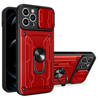 Multifunctionele PC + TPU Telefoon Case Kickstand Kaarthouder Beschermhoes met Slide Camera Protector voor iPhone 12 Pro 6.1 inch