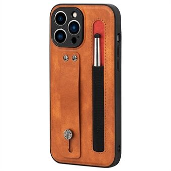 007-serie voor iPhone 12 Pro 6,1-inch PU-leer-gecoate TPU Goed beschermde Anti-kras Handriem Kickstand Mobiele telefoonhoes met stylus