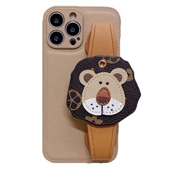 Voor iPhone 12 Pro 6.1 inch Bump Proof Back Cover PU Leather Coated TPU Shell met Cartoon Lion Polsband