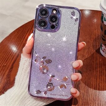 Gradiënt Glitter Poeder Beschermhoes voor iPhone 12 Pro 6.1 inch, Bloemenpatroon Strass Decor Zacht TPU Anti-drop Hoesje