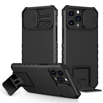 For iPhone 12 Pro Max 6.7 inch Two Angle Adjustment Vertical Kickstand PC + TPU Phone Case with Camera Sliding Cover