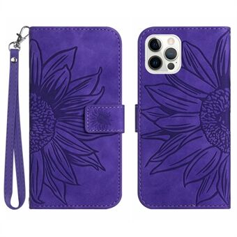 Voor iPhone 12 Pro Max 6.7 inch HT04 Bedrukte Zonnebloem Telefoon Drop-proof Case Skin-Touch PU Lederen Stand Wallet Cover met Handriem