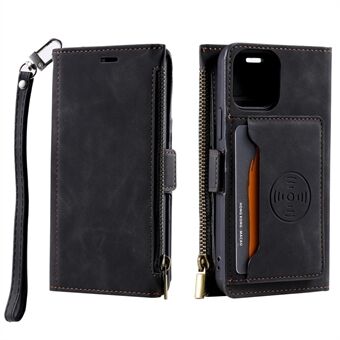 Zipper Design Wallet Goed beschermde telefoonhoes met riem voor iPhone 13 6.1 inch