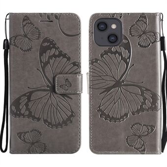 Volledig beschermende lederen mobiele telefoonhoes met vlinderpatroon en riem voor iPhone 13 6.1 inch