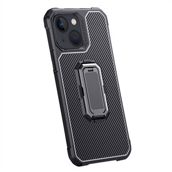 Carbon Fiber Texture TPU beschermende telefoon achterkant met verborgen opvouwbare ondersteuning voor iPhone 13 6.1 inch