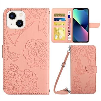 For iPhone 13 6.1 inch Skin-soft Touch PU Leather Folio Wallet Case Imprinted Butterfly Flower Pattern Stand Magnetic Protect Flip Cove with Shoulder Strap