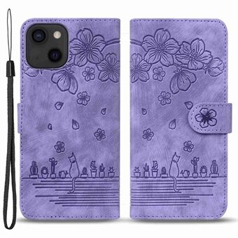 For iPhone 13 6.1 inch Shockproof Wallet Case Cherry Blossom Cat Imprinted PU Leather Stand Flip Cover with Strap