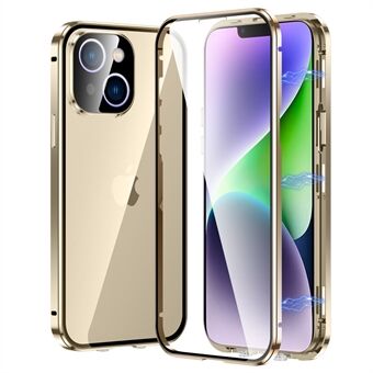 Voor iPhone 13 6.1 inch Magnetische Dubbele Kanten Gehard Glas Telefoon Case Rechte Edge Metalen Frame Volledige Bescherming Cover met Veiligheid Gesp
