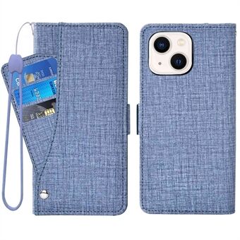 Voor iPhone 13 6.1 inch Jean Doek Textuur Magnetische Sluiting Telefoon Case Portemonnee Stijl Roterende Kaartsleuf Ontwerp Lederen Cover met Stand