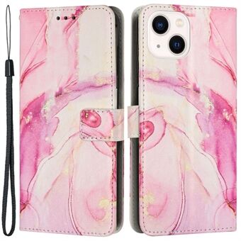Voor iPhone 14/13 6.1 inch Marmer Patroon Afdrukken Stand Telefoon Case PU Lederen Magnetische Sluiting Portemonnee Cover met Riem: