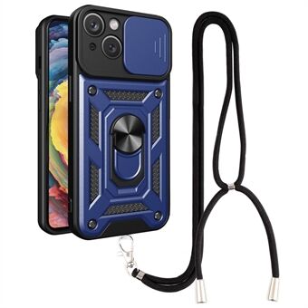 Anti-val Ring Houder Telefoon Case Voor iPhone 13 6.1 inch, Slide Camera Bescherming PC + TPU Hybrid Telefoon Cover Kickstand met Lanyard