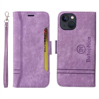 BETOPNICE 001 Stand Wallet Leather Case voor iPhone 13 6.1 inch, bedrukt stiksel lijn Dual magnetische sluiting telefoon cover met riem