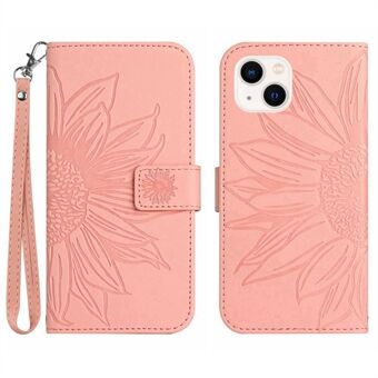 Flip Phone Case voor iPhone 13 6.1 inch, HT04 Bedrukte Zonnebloem Stand PU Lederen Skin-Touch Magnetische Portemonnee Cover met Riem