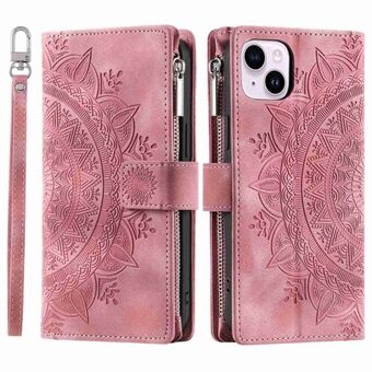 Voor iPhone 13 6.1 inch Bedrukt Mandala Bloem Cover Meerdere Kaartsleuven PU Lederen Telefoon Case Stand Rits Pocket Portemonnee met Riem