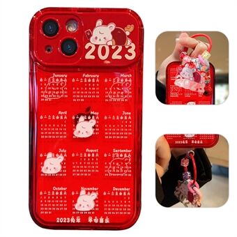 Voor iPhone 13 6,1 inch Drop-proof rode kalender TPU telefoonhoes mobiele telefoonhoes met klepspiegel en ketting