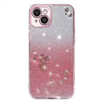 Voor iPhone 13 6.1 inch Strass Decor Bloempatroon Anti-drop Back Case Gradiënt Glitter Poeder TPU Beschermhoes