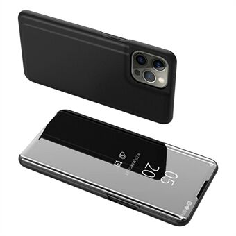 Galvaniseren Spiegel Oppervlak Lederen Telefoon Case Stand Shell met Venster voor iPhone 13 Pro - Zwart