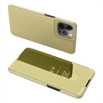 Galvaniseren spiegelend oppervlak lederen telefoonhoes Stand shell met kijkvenster voor iPhone 13 Pro - goud