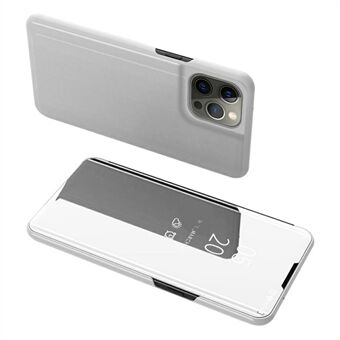 Galvaniseren Spiegel Oppervlak Lederen Telefoon Case Stand Shell met Venster voor iPhone 13 Pro - Zilver