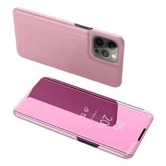 Galvaniseren spiegelend oppervlak lederen telefoonhoes Stand shell met kijkvenster voor iPhone 13 Pro - rosé goud
