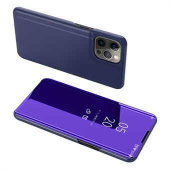 Galvaniseren Spiegelend Oppervlak Leren Telefoon Case Stand Shell met Venster voor iPhone 13 Pro - Donkerblauw