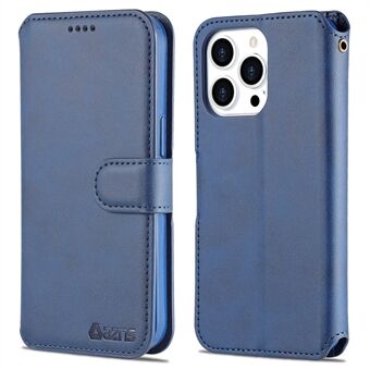 AZNS Portemonnee Ontwerp Magnetische Sluiting Anti-drop Schokbestendig Leren Telefoon Cover Stand Case voor iPhone 13 Pro - Blauw