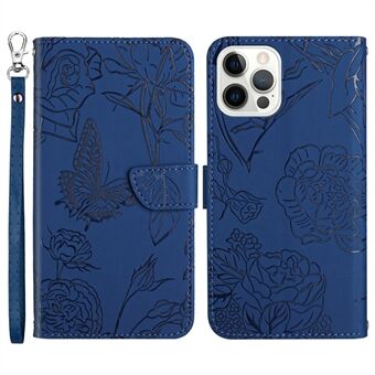 Wallet Stand Shockproof Case for iPhone 13 Pro 6.1 inch Skin-touch PU Leather Folio Flip Cover Stylish Butterflies Imprinted Anti-drop Phone Protector with Strap