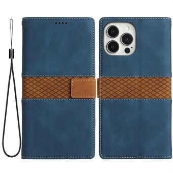For iPhone 13 Pro 6.1 inch Grid Splicing Decor PU Leather Phone Cover Full Body Protection Stand Wallet Case with Strap