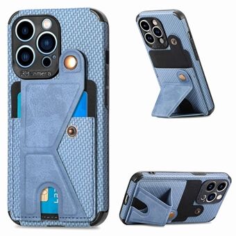 K-shape Kickstand Leather Coated TPU Case for iPhone 13 Pro 6.1 inch, Carbon Fiber Texture Phone Cover with Card Holder and Built-in Metal Sheet