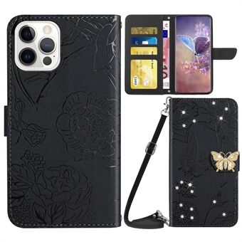 Voor iPhone 13 Pro 6.1 inch Anti-drop Telefoon Cover, Vlinder Bloemen Bedrukt Strass Decor Wallet Case Stand met Schouderriem