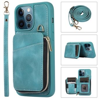 Voor iPhone 13 Pro 6.1 inch Card Bag Design Kickstand Cover PU-leer gecoat TPU-telefoonhoesje met hand- en schouderriem