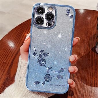 Voor iPhone 13 Pro 6.1 inch Gradiënt TPU Beschermhoes Strass Decor Bloempatroon Glitter Poeder Anti-drop Hoesje