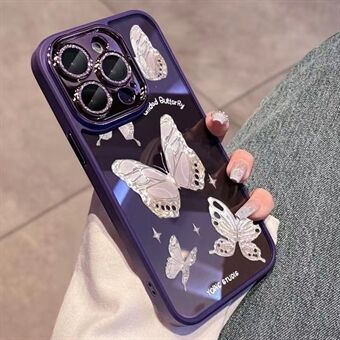 Voor iPhone 13 Pro hard glas + flexibel TPU-telefoonhoesje glitterpoeder decor platina vlinderhoes