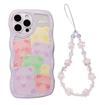 Doorzichtige TPU-hoes voor iPhone 13 Pro , mobiele telefoonhoes met beerpatroon en paarse bloempolsband