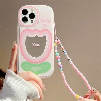 Voor iPhone 13 Pro TPU Cover Gradient Pink Flower Pattern Mirror Design Phone Case met polsband