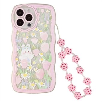 Voor iPhone 13 Pro Rabbit Flower Pattern Phone Case Transparante TPU Cover met polsketting