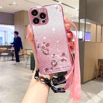 Valbestendig TPU-telefoonhoesje voor iPhone 13 Pro 6,1 inch, bloemontwerp glitter strass decor telefoonhoesje met riem