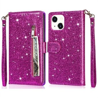 Glitter pailletten rondom bescherming magnetisch slot rits zak portemonnee flip lederen telefoonhoes met Stand voor iPhone 13 mini - paars