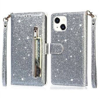 Glitter pailletten rondom bescherming magnetisch slot rits zak portemonnee flip lederen telefoonhoes met Stand voor iPhone 13 mini - grijs