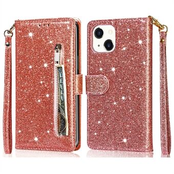 Glitter pailletten allround bescherming magnetisch slot zak met rits portemonnee flip lederen telefoonhoes met Stand voor iPhone 13 mini - rosé goud