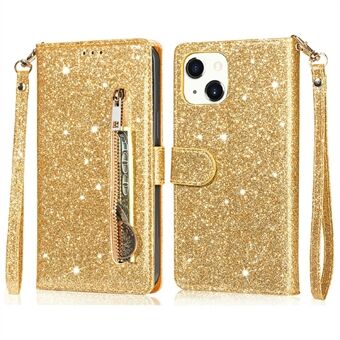 Glitter pailletten rondom bescherming magnetisch slot rits zak portemonnee flip lederen telefoonhoes met Stand voor iPhone 13 mini - goud