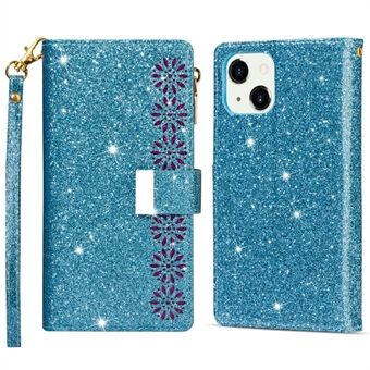 Sparkling Starry Style Laser Carving Rits Portemonnee Stand Lederen Telefoon Case voor iPhone 13 mini 5,4 inch