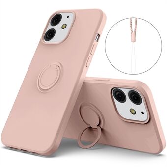 360 ° roterende Ring ontwerp valbestendig milieuvriendelijk vloeibaar siliconen telefoon beschermhoes shell met handige riem voor iPhone 13 mini - roze