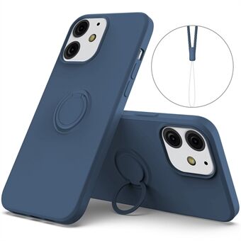 360° roterende Ring ondersteuning ontwerp valbestendig milieuvriendelijke vloeibare siliconen telefoon beschermhoes shell met handige riem voor iPhone 13 mini - middernachtblauw