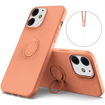 360° roterende Ring ondersteuning ontwerp valbestendig milieuvriendelijke vloeibare siliconen telefoon beschermhoes shell met handige riem voor iPhone 13 mini - oranje