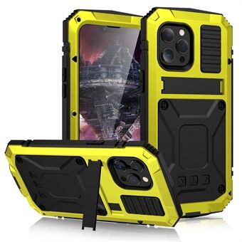 R-JUST Metalen Schokbestendig Bumper Frame Siliconen Heavy Duty Kickstand Case met Gehard Glas Protector voor iPhone 13 mini 5.4 Inch
